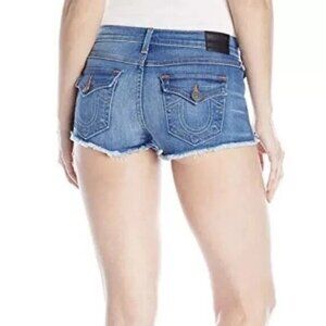 True Religion Jeans Low Rise Joey Cut Off Flap Pockets Shorts in Worn Vintage 28